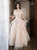 Champagne A-Line Tulle Sequins Long Evening Prom Dress Embroidery Applique Formal Evening Dress