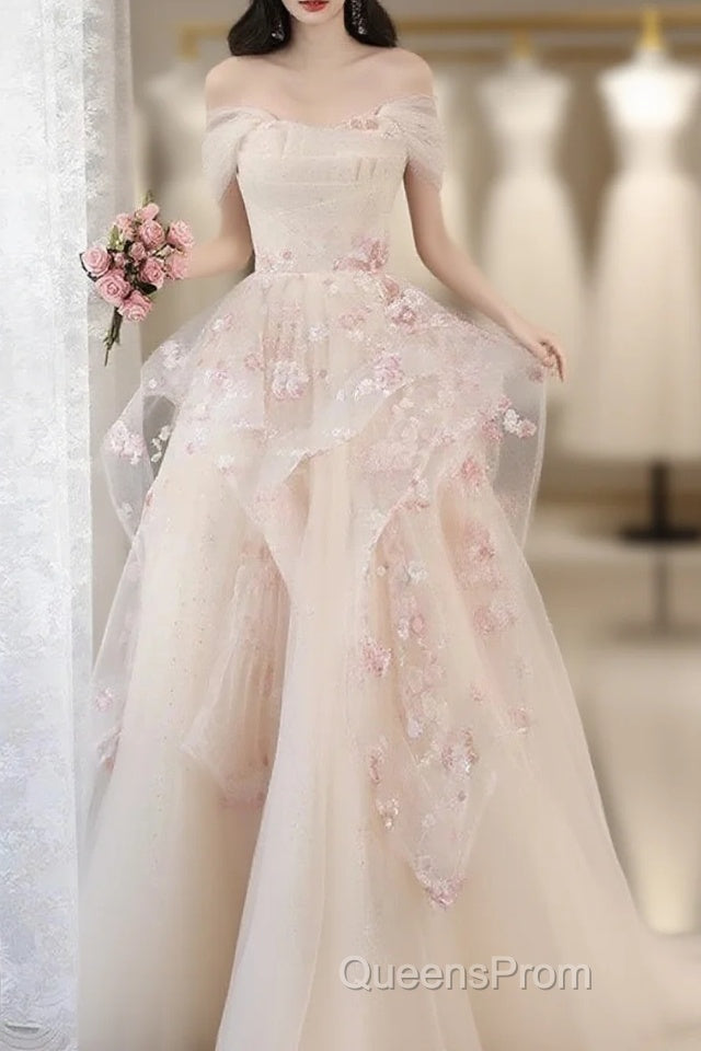 Champagne A-Line Tulle Sequins Long Evening Prom Dress Embroidery Applique Formal Evening Dress Main image