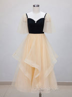 Champagne A-Line Tulle Short Evening Prom Dress, Champagne Evening Dress