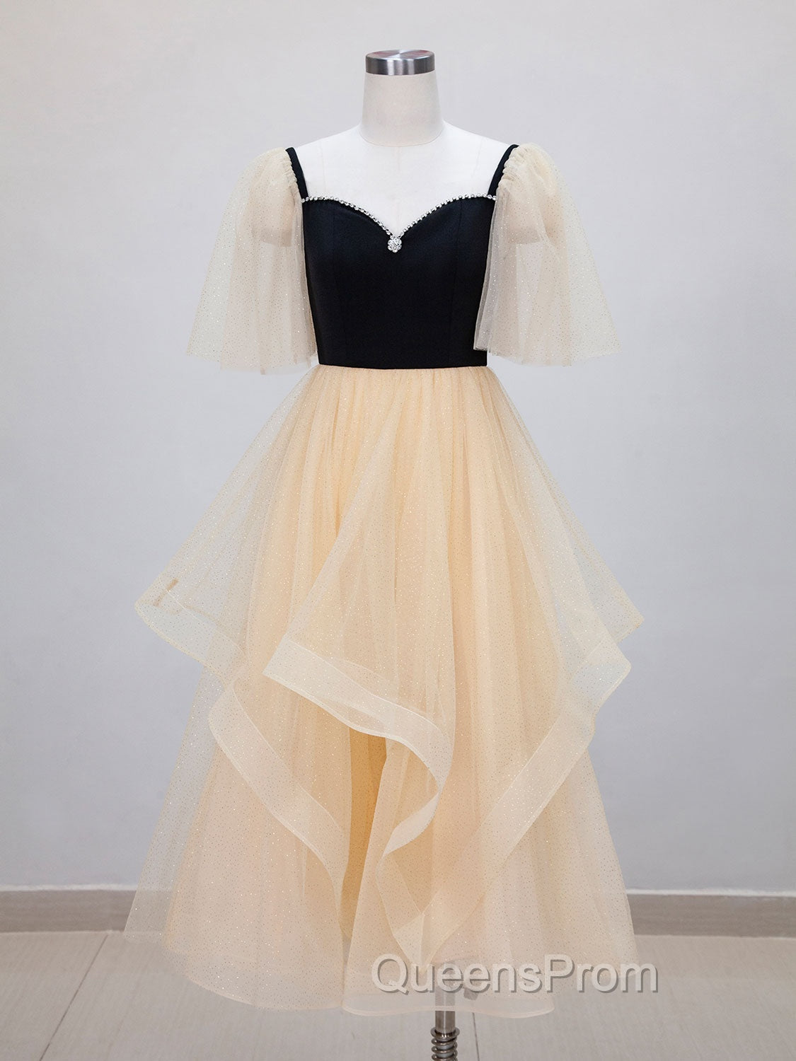 Champagne A-Line Tulle Short Evening Prom Dress, Champagne Evening Dress