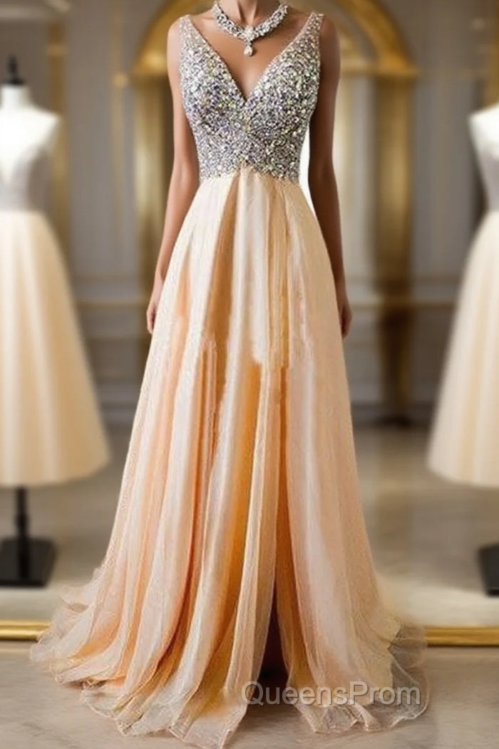 Champagne A-Line V Neck Chiffon Long Evening Prom Dress, Formal Dress Main image