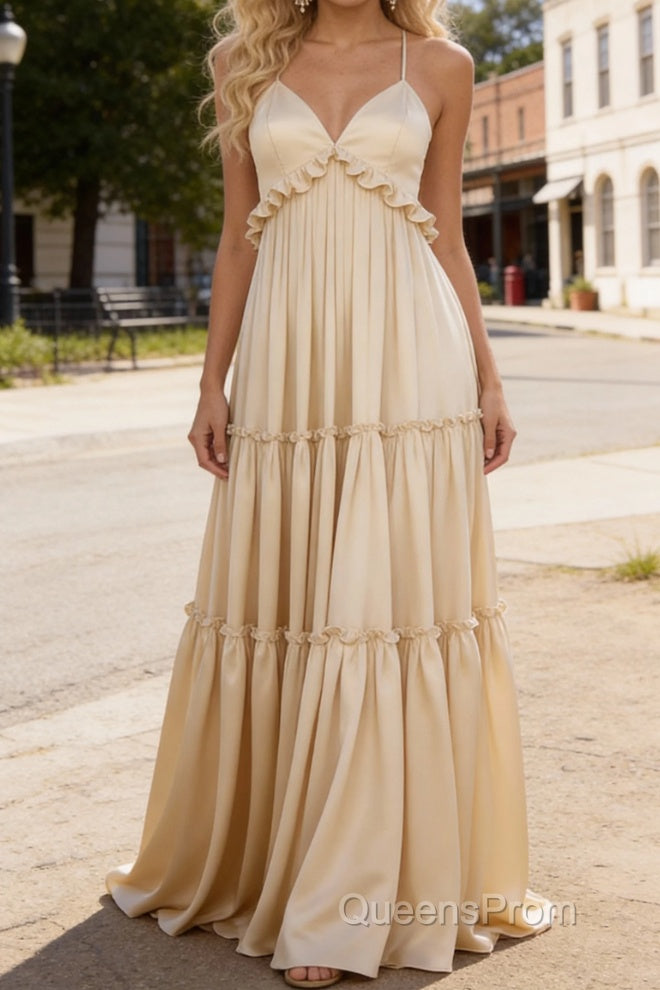 Champagne A-line V Neck Sleeveless Floor-Length Chiffon Prom Dress Long Prom Dresses Backless with Pleated Ruffles Main image