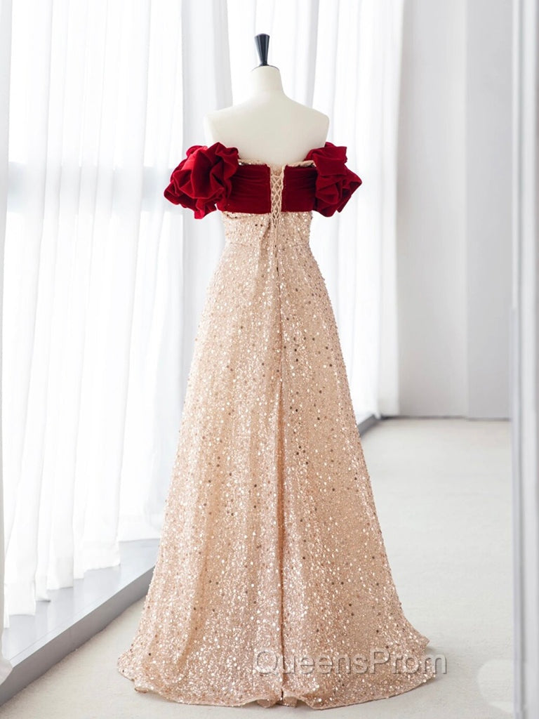 Champagne A-Line velvet Long Evening Prom Dress, Champagne Tulle Sequin Long Evening Dress