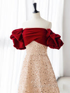 Champagne A-Line velvet Long Evening Prom Dress, Champagne Tulle Sequin Long Evening Dress