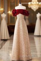 Champagne A-Line velvet Long Evening Prom Dress, Champagne Tulle Sequin Long Evening Dress