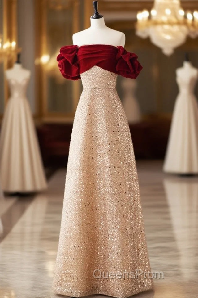Champagne A-Line velvet Long Evening Prom Dress, Champagne Tulle Sequin Long Evening Dress