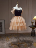 Champagne and Black Sweetheart Short Evening Dress, Tulle Homecoming Dress