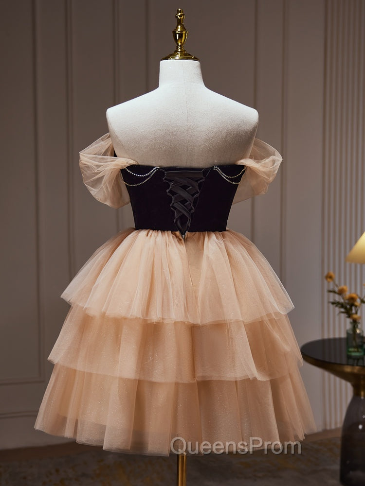 Champagne and Black Sweetheart Short Evening Dress, Tulle Homecoming Dress