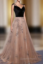 Champagne and Black Vevet Long Party Dresess, Straps Long Evening Dress