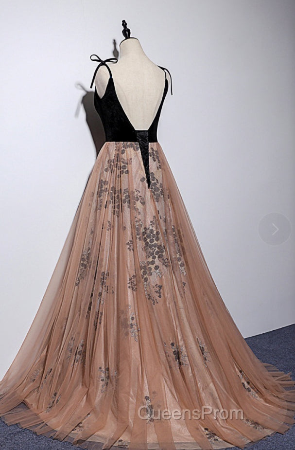 Champagne and Black Vevet Long Party Dresess, Straps Long Evening Dress