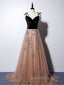 Champagne and Black Vevet Long Party Dresess, Straps Long Evening Dress