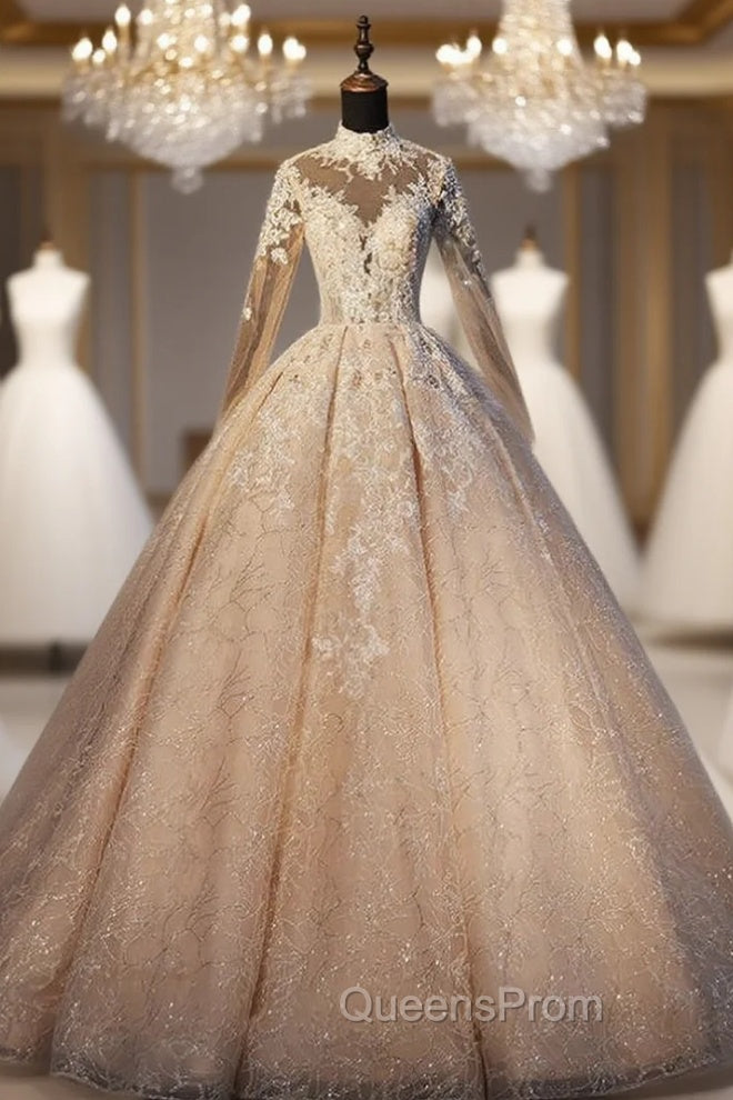 Champagne Ball Gown High Neck Long Sleeve Wedding Dress With Long Train Main image