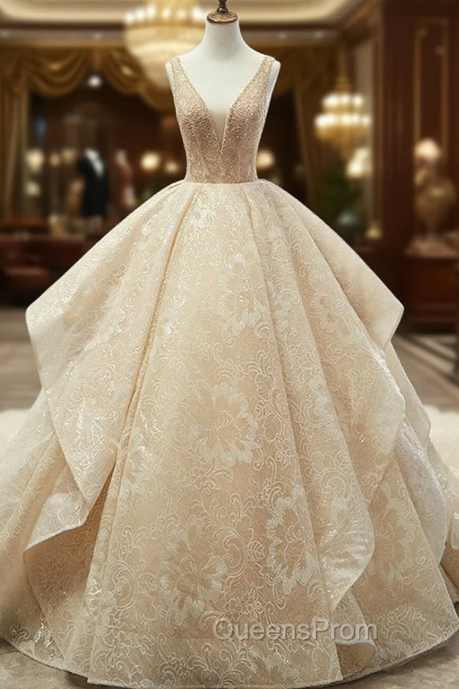 Champagne Ball Gown Lace Tulle Sequins V-neck Backless Wedding Dress Main image