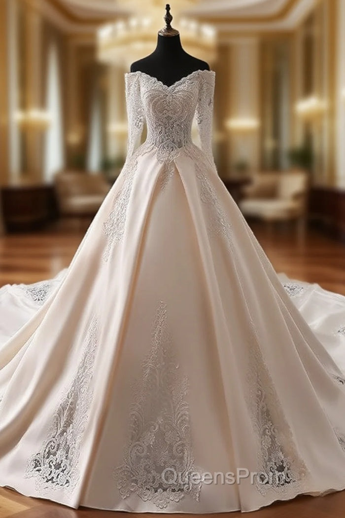 Champagne Ball Gown Satin Appliques Off The Shoulder Wedding Dress Main image