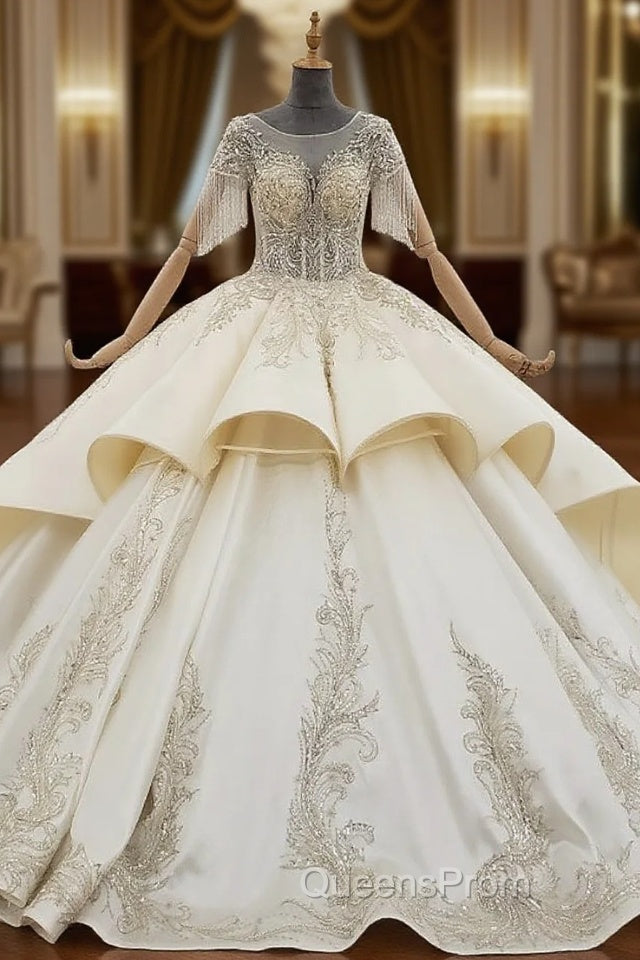 Champagne Ball Gown Satin Cap Sleeve Beading Sequins Wedding Dress Main image