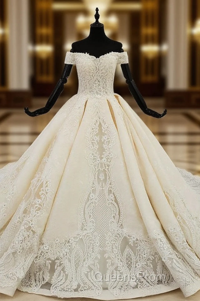 Champagne Ball Gown Satin Off the Shoulder Appliques Wedding Dress Main image