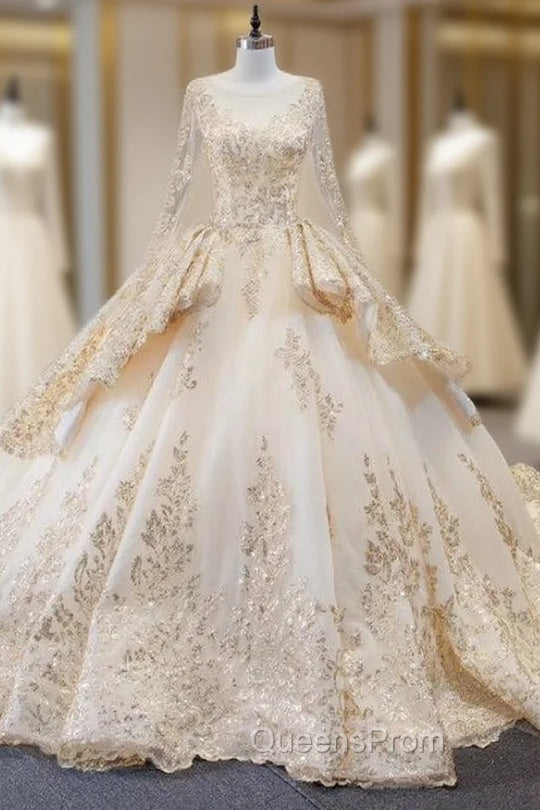 Champagne Ball Gown Satin Sequins Long Sleeve Wedding Dress With Train Main image