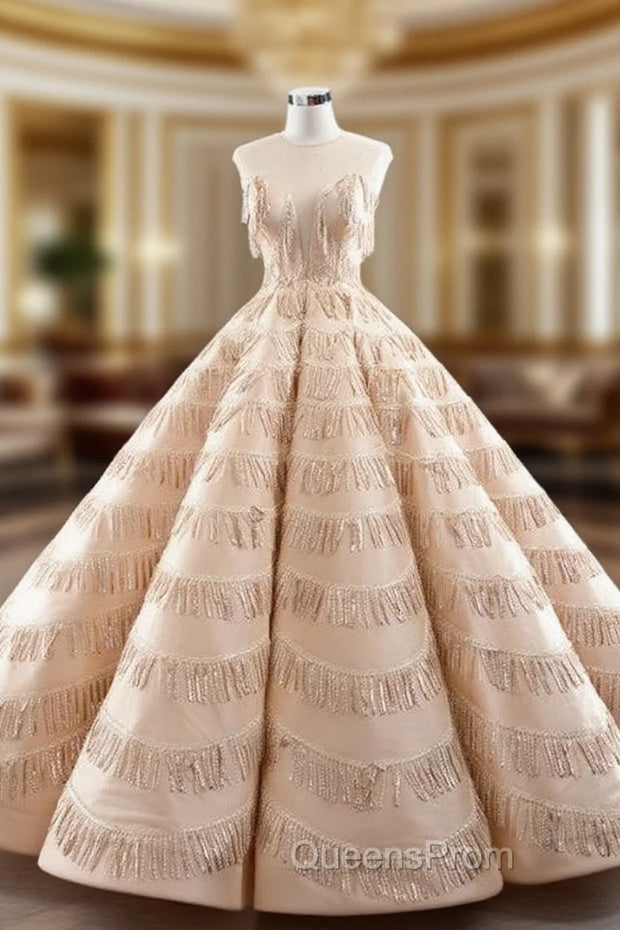 Champagne Ball Gown Sequins Backless Floor Length Evening Prom Dress