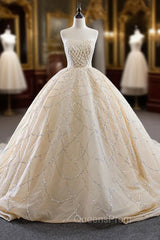 Champagne Ball Gown Sequins Beading Evening Prom Dress