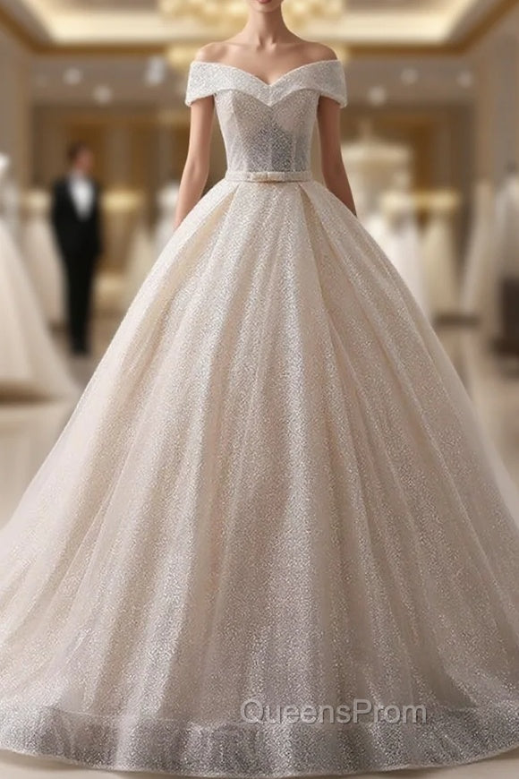 Champagne Ball Gown Sequins Off The Shoulder Long Train Wedding Dress Main image