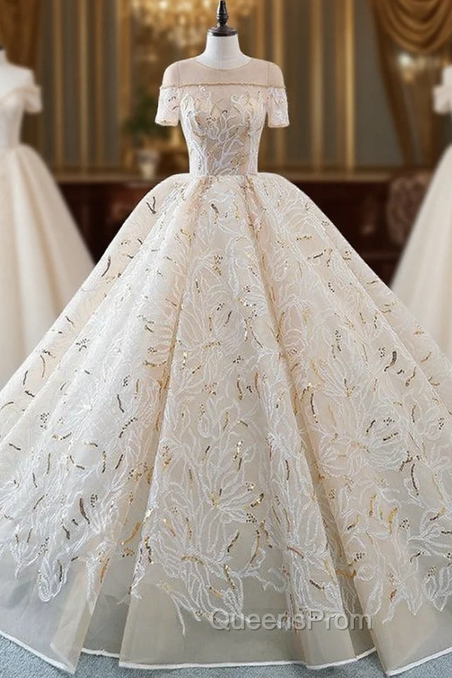 Champagne Ball Gown Sequins Short Sleeve Long Train Wedding Dress Main image