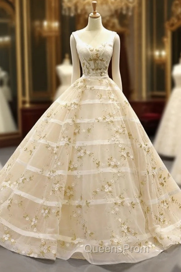 Champagne Ball Gown Straps Tulle Appliques Backless Sweet 16 Evening Prom Dress