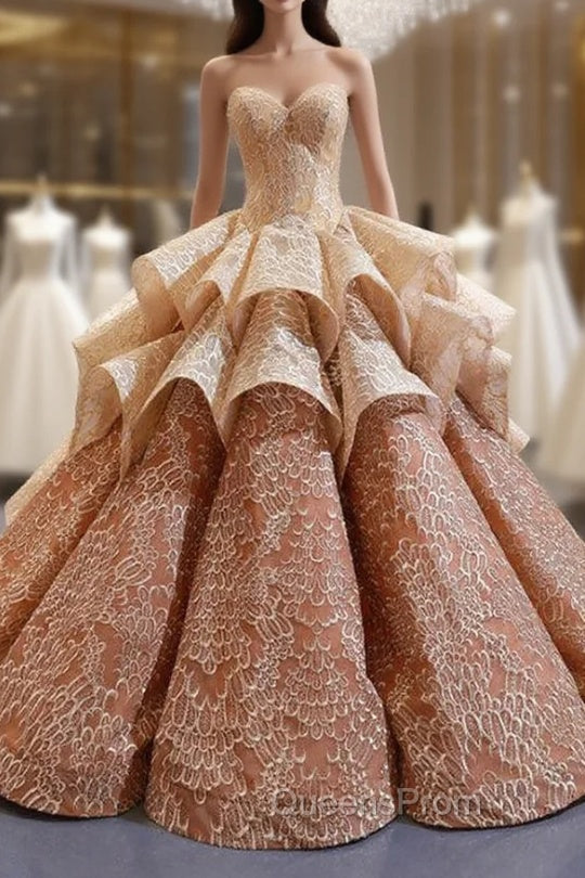 Champagne Ball Gown Sweetheart Appliques Lace Luxury Evening Prom Dress Main image