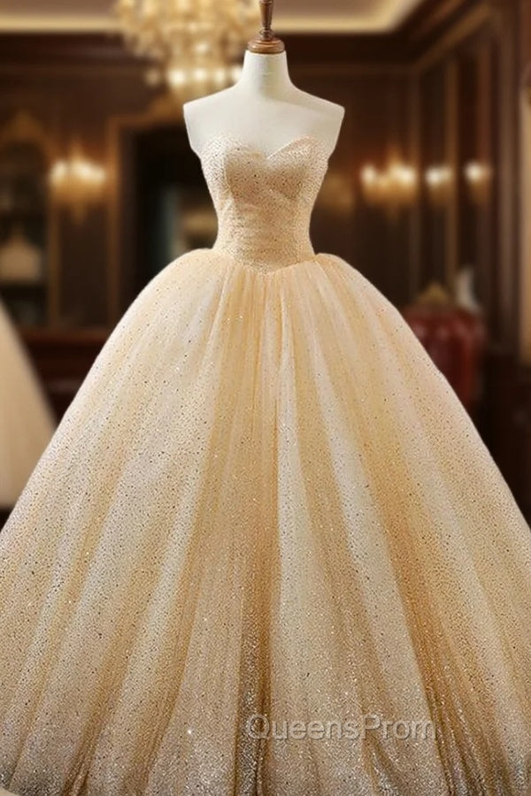 Champagne Ball Gown Sweetheart Neck Sequins Wedding Dress