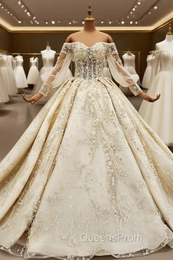 Champagne Ball Gown Tulle Appliques Beading Sequins Off the Shoulder Wedding Dress Main image