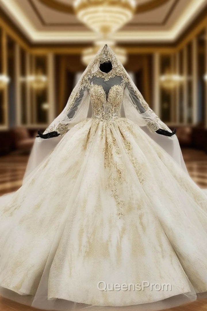 Champagne Ball Gown Tulle Appliques High Neck Long Sleeve Backless Wedding Dress Main image
