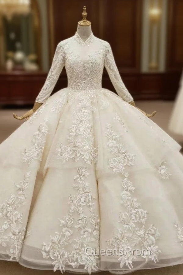 Champagne Ball Gown Tulle Appliques Long Sleeve Wedding Dress Main image