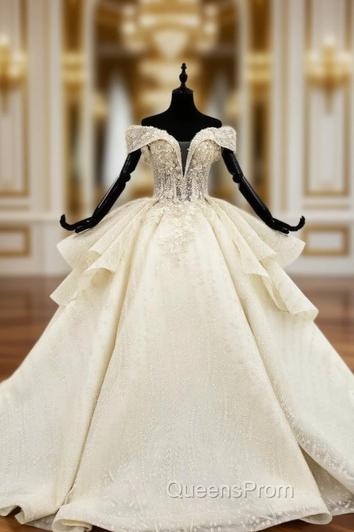Champagne Ball Gown Tulle Appliques Off the Shoulder Wedding Dress With Long Train Main image