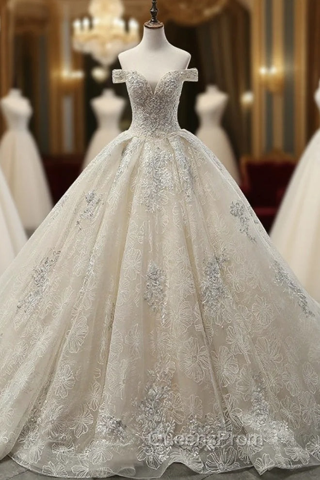 Champagne Ball Gown Tulle Appliques With Beading Off The Shoulder Wedding Dress Main image