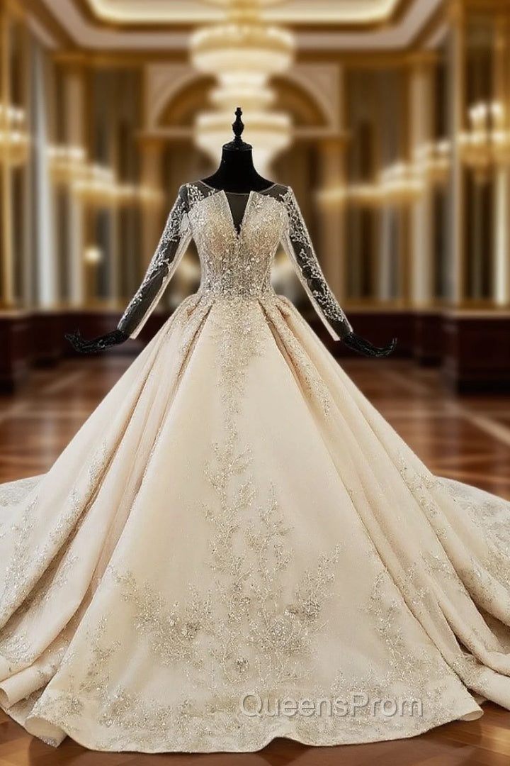 Champagne Ball Gown Tulle Backless Sequins Long Sleeve Wedding Dress Main image