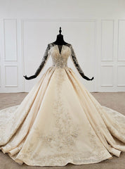 Champagne Ball Gown Tulle Backless Sequins Long Sleeve Wedding Dress