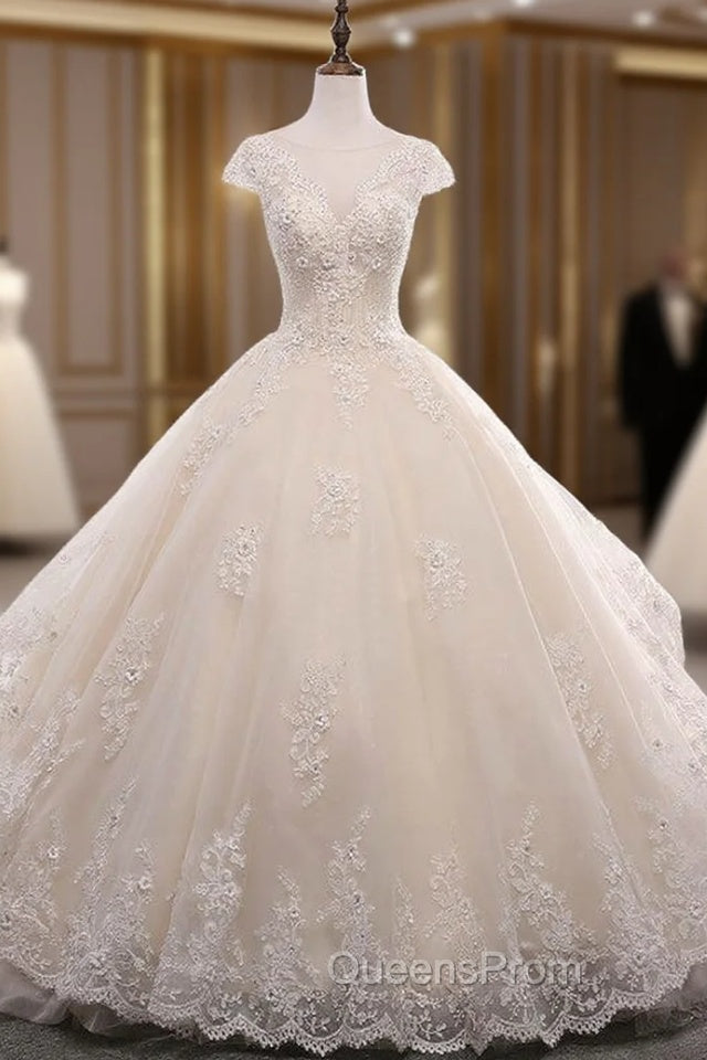 Champagne Ball Gown Tulle Beading Backless Wedding Dress Main image