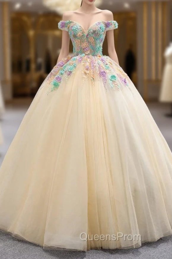 Champagne Ball Gown Tulle Colorful Appliques Evening Prom Dress Main image
