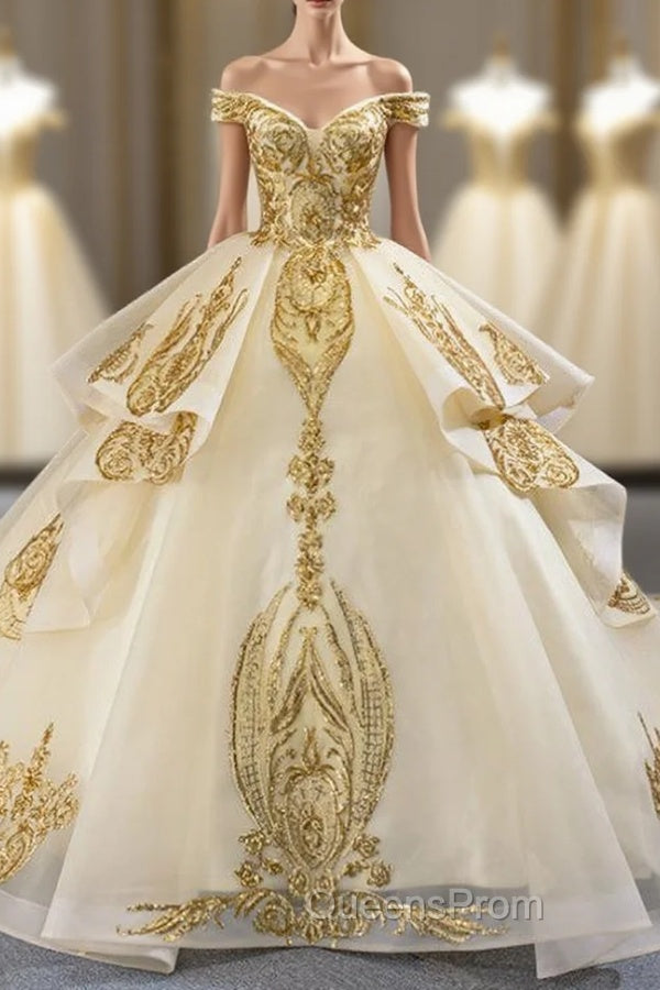 Champagne Ball Gown Tulle Gold Sequins Appliques Off the Shoulder Evening Prom Dress Main image