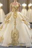 Champagne Ball Gown Tulle Gold Sequins Appliques Off the Shoulder Evening Prom Dress