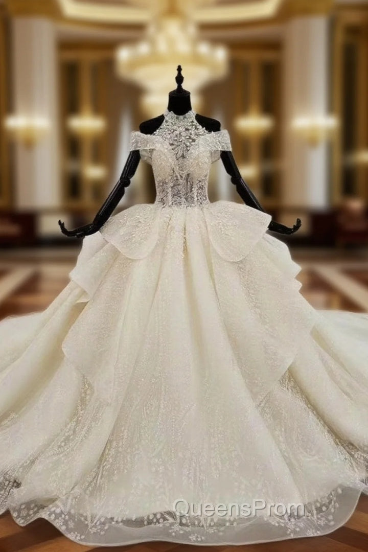 Champagne Ball Gown Tulle Halter Appliques Beading Sequins Wedding Dress Main image