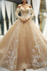 Champagne Ball Gown Tulle Lace Appliques Off The Shoulder Long Sleeve Evening Prom Dress