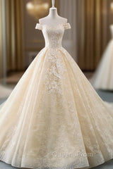 Champagne Ball Gown Tulle Lace Appliques Wedding Dress With Train