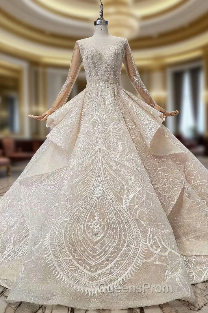 Champagne Ball Gown Tulle Lace Long Sleeve Backless Wedding Dress With Beading