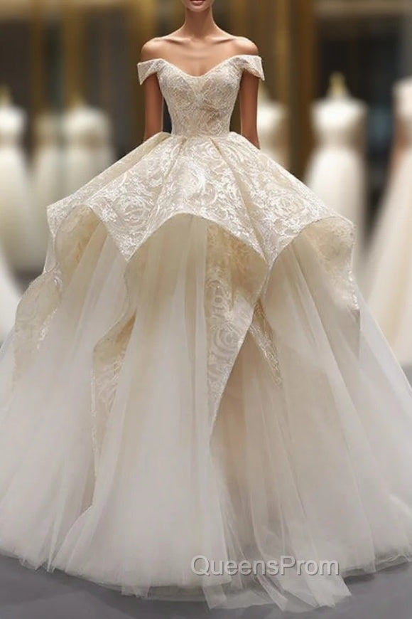 Champagne Ball Gown Tulle Lace Off The Shoulder Evening Prom Dress Main image
