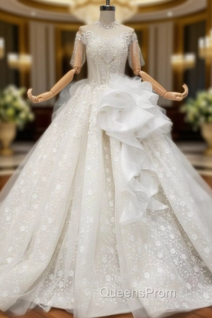 Champagne Ball Gown Tulle Lace Off the Shoulder Short Sleeve Wedding Dress Main image