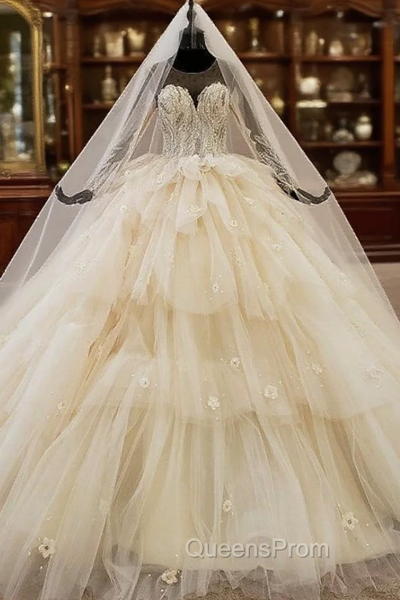 Champagne Ball Gown Tulle Long Sleeve Tiers Beading Wedding Dress Main image