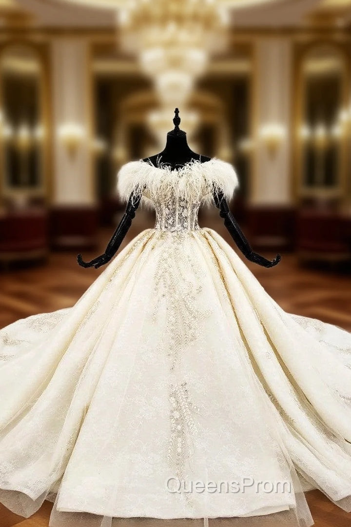 Champagne Ball Gown Tulle Off the Shoulder Appliques Beading Wedding Dress Main image