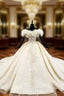 Champagne Ball Gown Tulle Off the Shoulder Appliques Beading Wedding Dress
