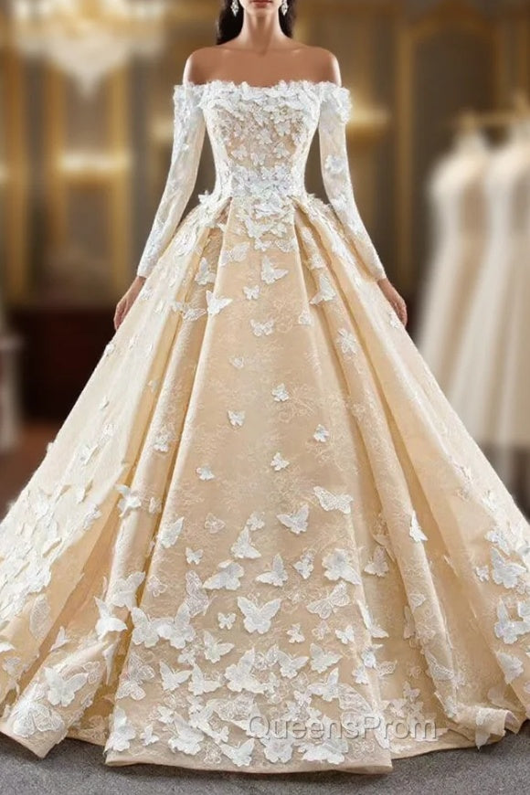 Champagne Ball Gown Tulle Off the Shoulder Appliques Long Sleeve Evening Prom Dress