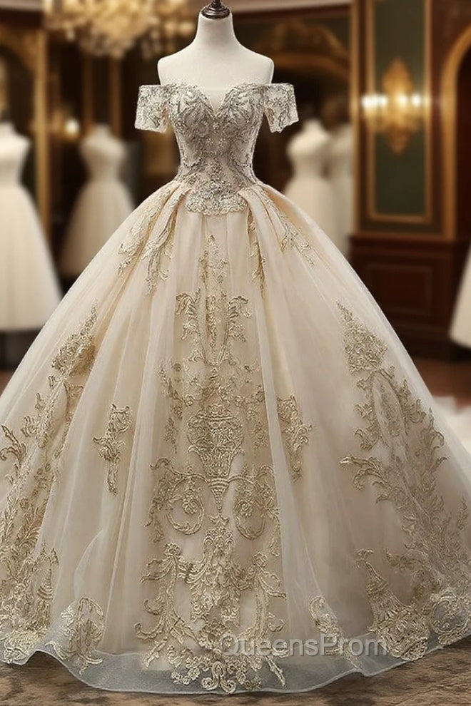Champagne Ball Gown Tulle Off The Shoulder Appliques Wedding Dress Main image